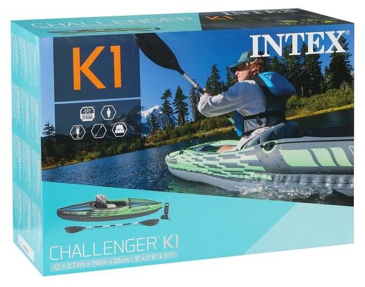 INTEX Надувная байдарка Challenger-К1 одноместная 274*76*33 см + насос и весла 68305