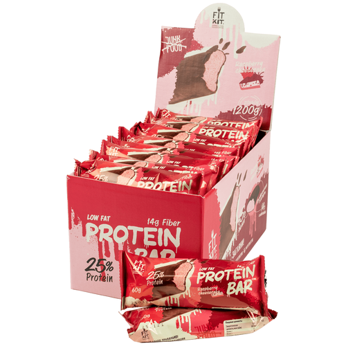 Протеиновый батончик FITKIT Protein Bar, 1200 г, малиновый чизкейк глазурь шоколадная печём дома 90 г
