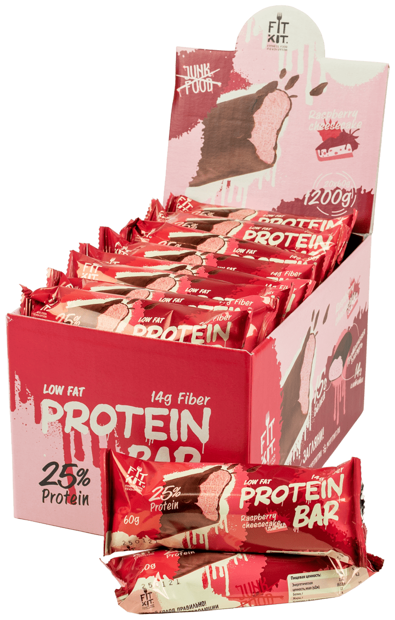 Fit Kit Протеиновый батончик без сахара Protein BAR, упаковка 20шт по 60г (Малиновый чизкейк)