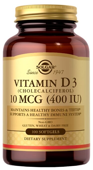 Капсулы SOLGAR Vitamin D3 (Cholecalciferol) 400 МЕ, 400 МЕ, 100 шт.