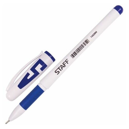 Ручка гелевая с грипом STAFF, синяя, корпус белый, игольчатый узел 0,5 мм, линия письма 0,35 мм, GP174, (36 шт.)