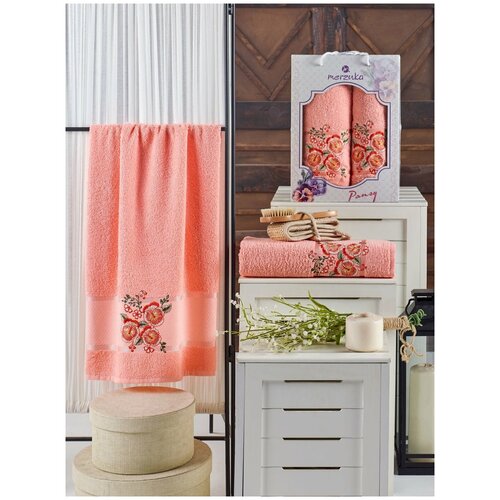 фото Подарочный набор полотенец для ванной 50х90, 70х140 merzuka pansy хлопковая махра оранжевый merzuka (турция)