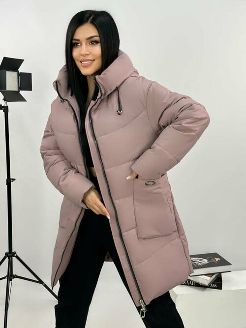 куртка  зимняя, средней длины, силуэт прямой, карманы, размер 56, розовый