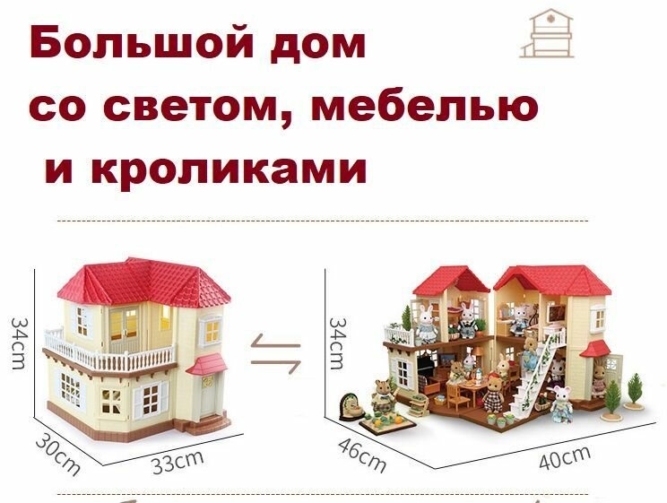 Большой кукольный домик с мебелью, куклами и светом (с подсветкой), набор Santomle families