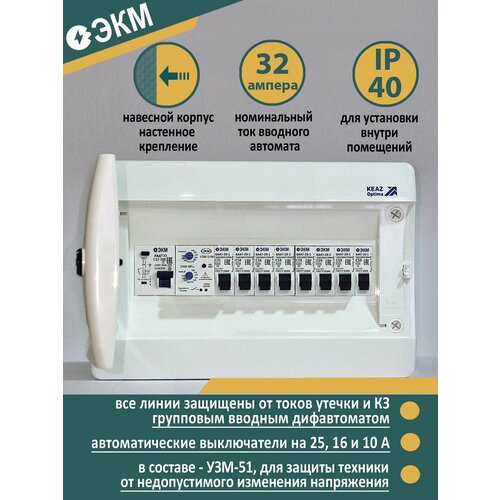 Щит распределительный в сборе НКУ ЩР32А CNN-12 IP 40 электрощиток для квартиры, дачного дома, студии (АВДТ22С32, УЗМ-51,1С25,4х1С16, 3х1С10) ЭКМ25