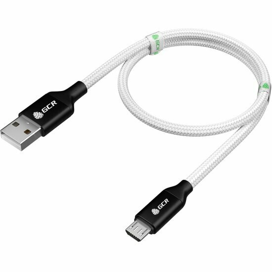 Кабель Gcr 0.8m MicroUSB, белый нейлон, AL корпус черный, черный ПВХ, 28/28 AWG, -53628