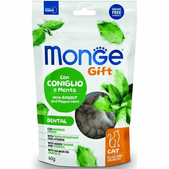 Лакомство Monge Gift Dental для кошек Хрустящие подушечки с начинкой с кроликом и перечной мятой для чистки зубов 60 г