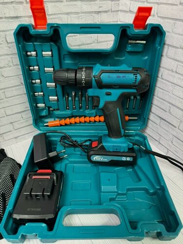 Изображение товара Шуруповерт аккумуляторный, строительный, дрель-шуруповерт с двумя аккумуляторами 48 V и набором инструментов в кейсе