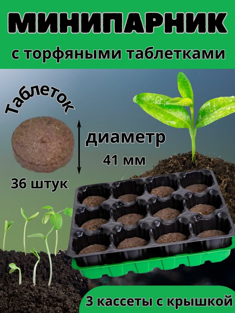 Минипарник с крышкой на 12 ячеек с торфяными таблетками 3 штуки