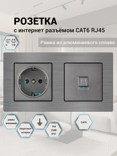 Изображение товара Розетка для интернета RJ-45 CAT6, 2 поста, инет, рамка алюминий, Светло-серый