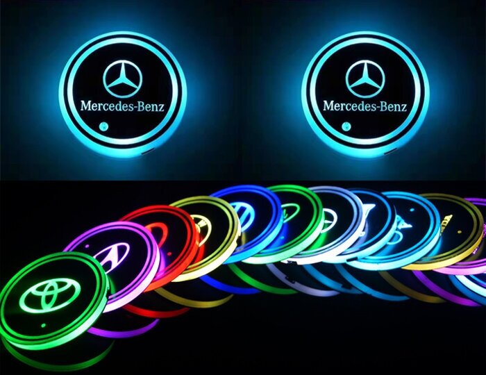 Светодиодная подсветка в автомобильные подстаканники с логотипом марки автомобиля Mercedes-Benz, комплект 2 шт.