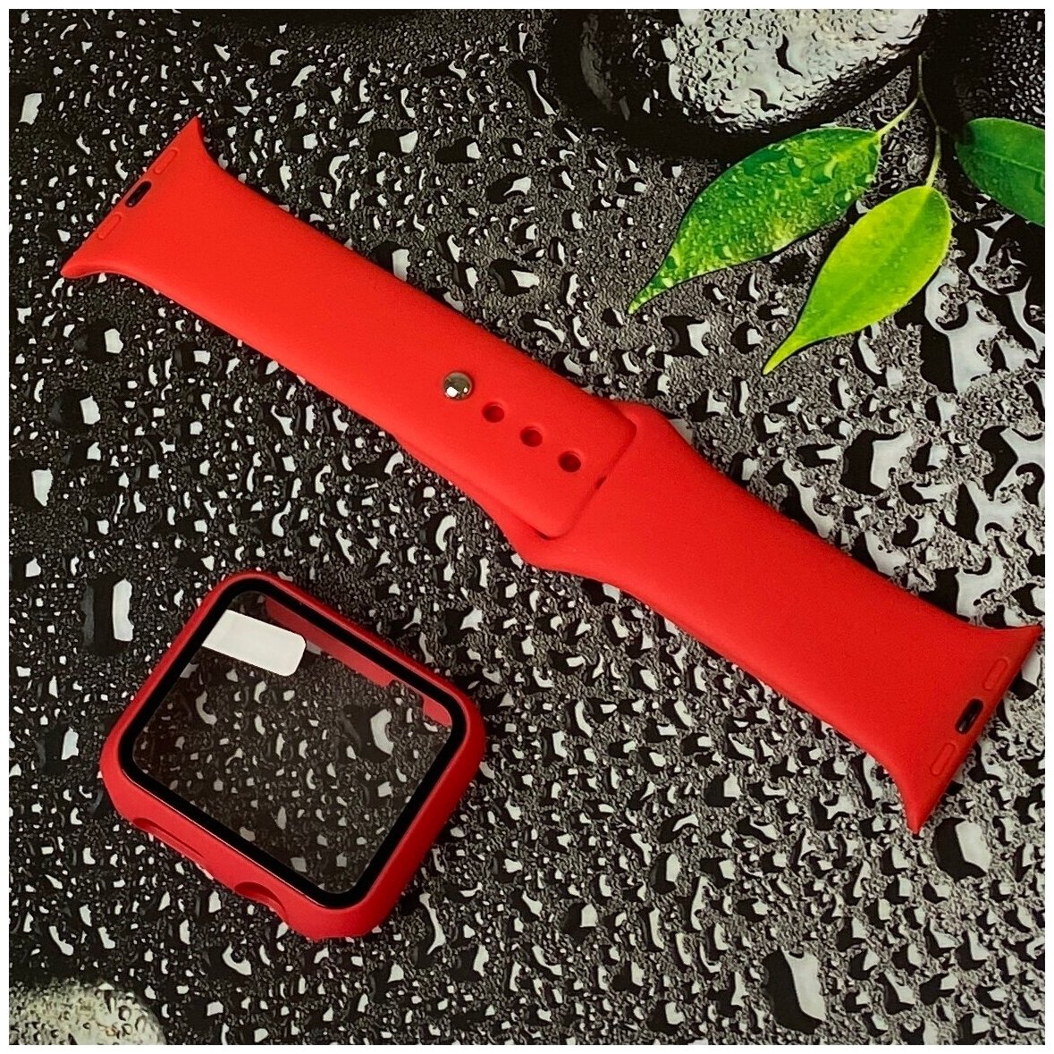 Чехол для Apple Watch 44mm со стеклом + силиконовый ремешок красный