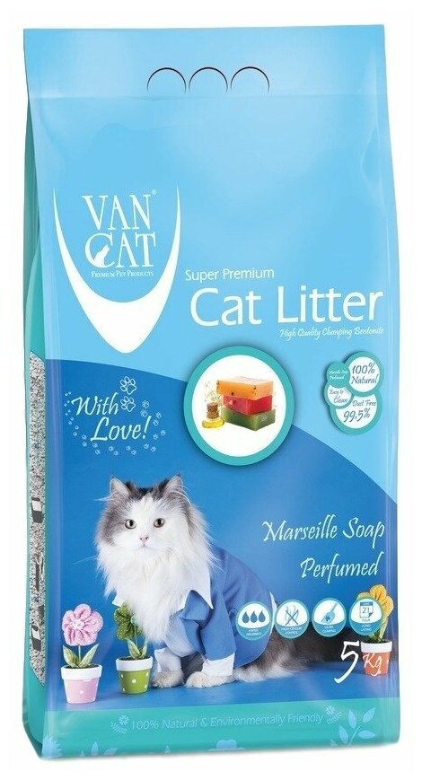 VAN CAT MARSILLA SOAP наполнитель комкующийся для туалета кошек с ароматом марсельского мыла (5 кг)