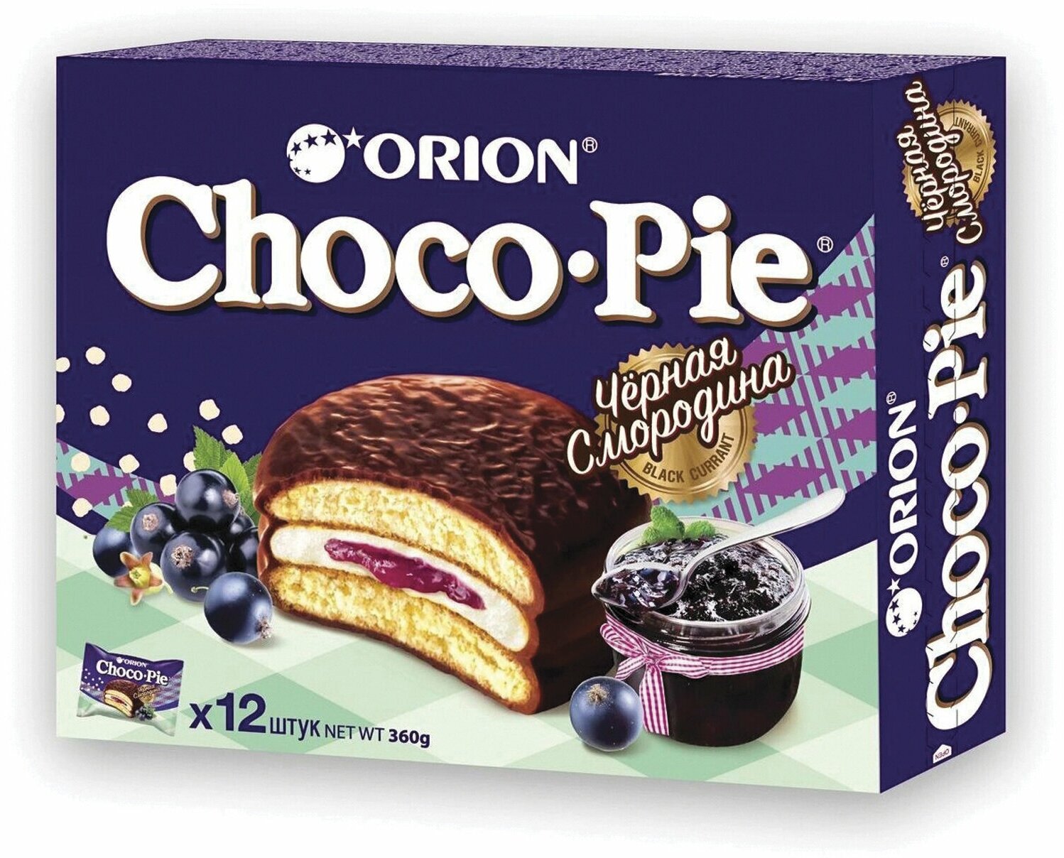 Печенье ORION "Choco Pie Black Currant" темный шоколад с черной смородиной, 360 г (12 штук х 30 г), О0000013002 В комплекте: 4шт.