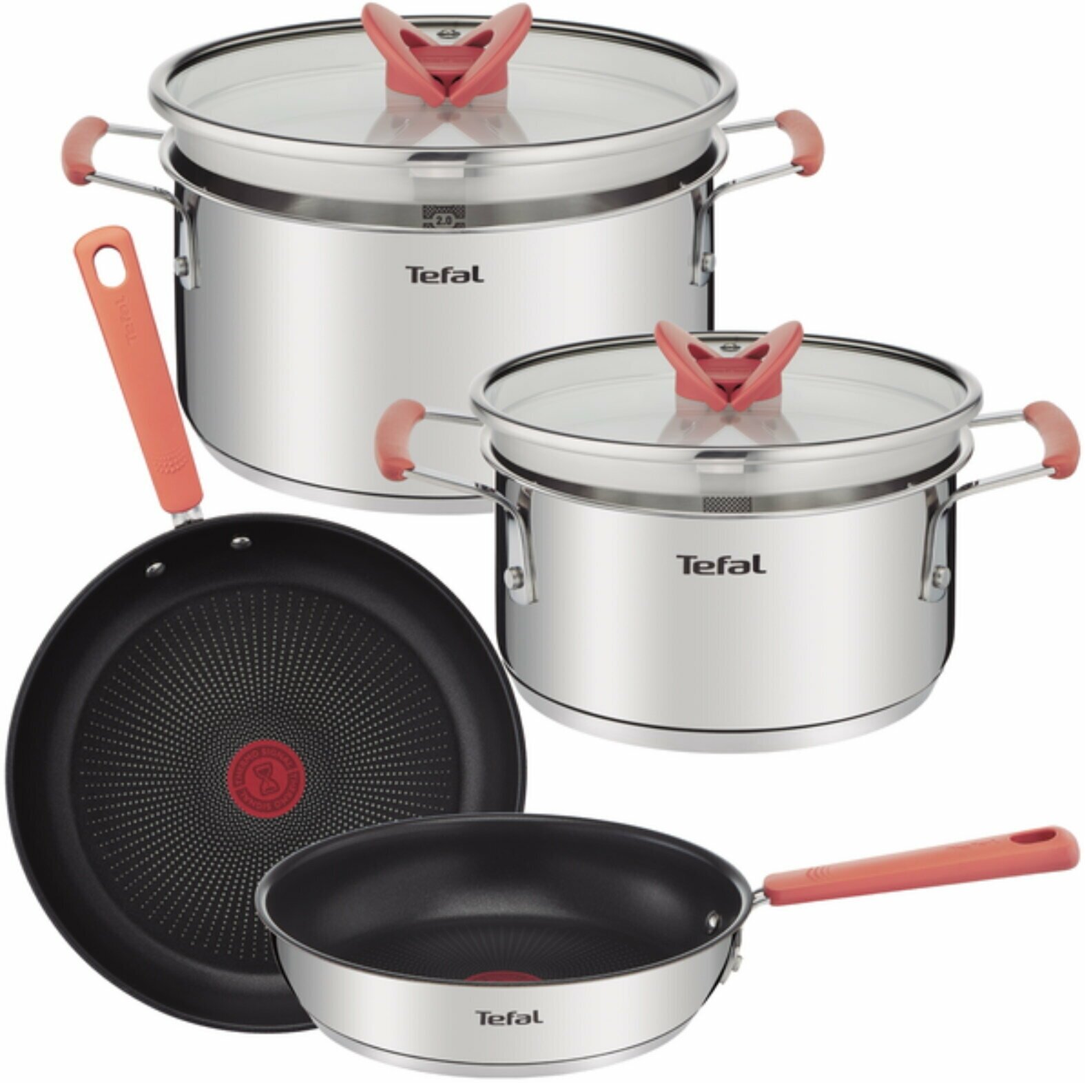 Набор посуды из нержавеющей стали Tefal Opti'Space G720S604, 6 предметов, кастрюли с крышками и сковороды с антипригарным покрытием, с толстым дном, для газовых, электрических и индукционных плит