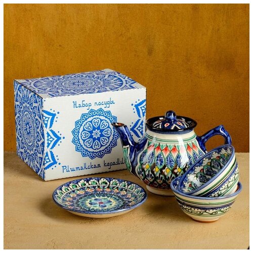 Шафран Набор чайный Риштан, 4 предмета в подар упак: чайник 0,7л, 2 пиалы 9,5см, тарелка 17см