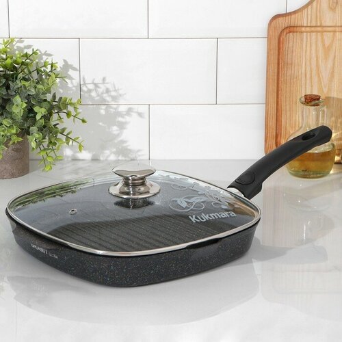 Сковорода-гриль квадратная Granit ultra 28х28 см съёмная ручка стеклянная крышка антипригарное покрытие цвет чёрный 6625₽