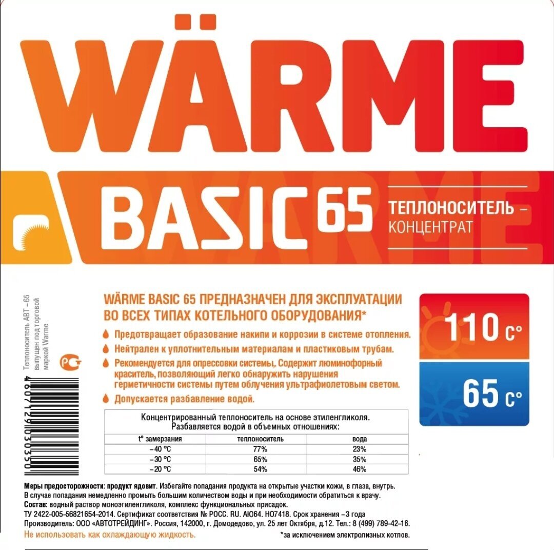 Теплоноситель этиленгликоль Warme Basic 65 20 кг