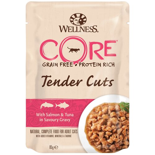  корм для кошек Wellness CORE Tender Cuts, беззерновой, с лососем, с тунцом 85 г (кусочки в соусе)