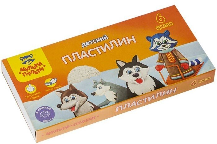 Пластилин 6 цветов 90 г, Мульти-пульти Енот на Аляске, со стеком, картонная упаковка