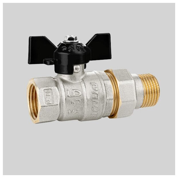 Кран шаровый латунный с американкой 3/4" LD Pride 47.20. В-ГШ. Б Ду20 бабочка (4МПа, Т150, L91) — фото 1