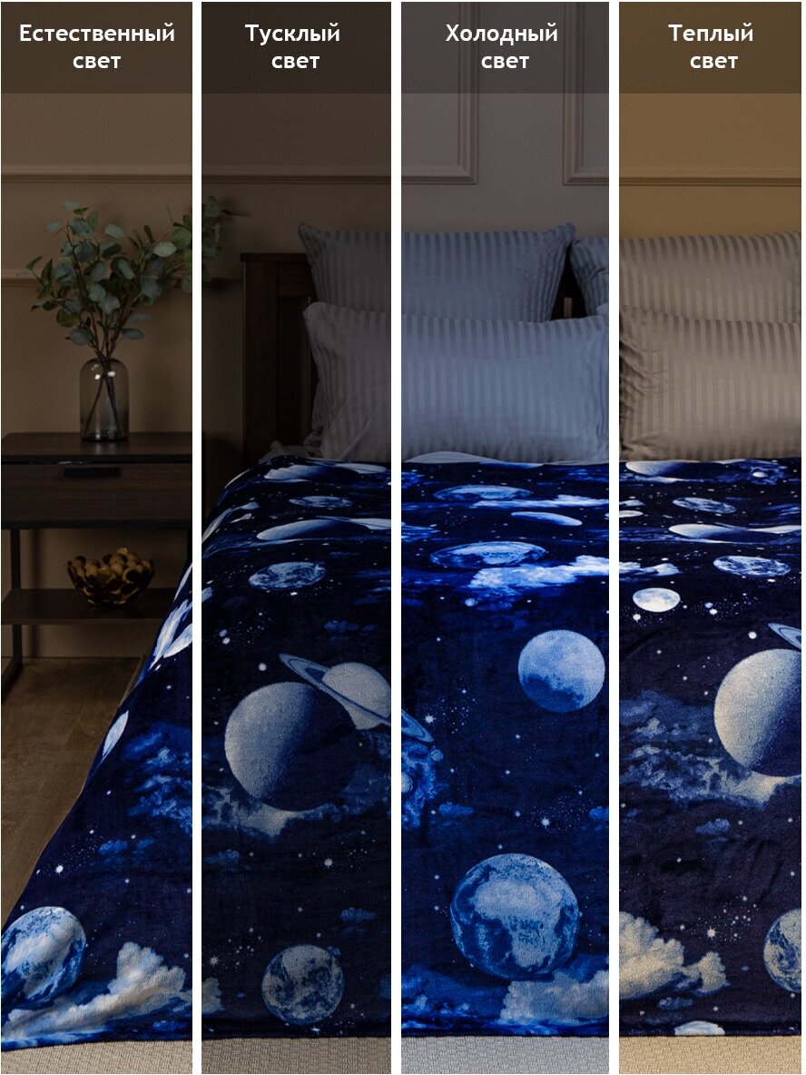 Плед TexRepublic Absolute flannel 150х200 см, 1,5 спальный, покрывало на диван, фланель, мягкий, синий, с принтом космос - фотография № 9