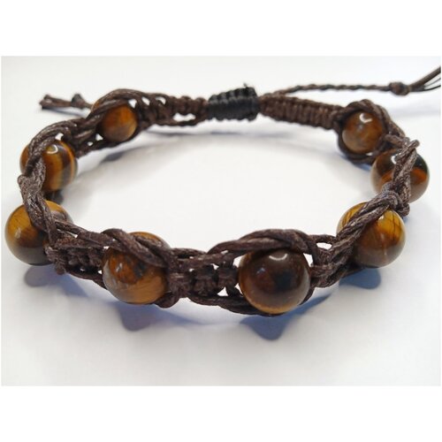 фото Браслет мужской из натурального камня тигровый глаз 10 мм шамбала темно-коричневый шнур с любовью камни