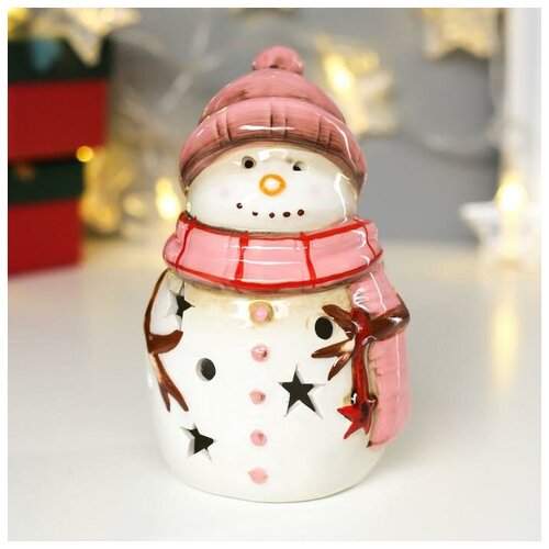 фото Сувенир керамика свет "снеговик в розовой вязаной шапке и шарфе" 13.5х8х8.3 см luazon lighting
