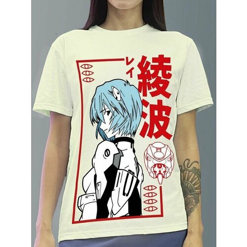 фото Футболка женская белая молочный оттенок из хлопка с dtf принтом анимэ евангелион рэй аска синдзи ева 01 ева 02 - 40002 будь на стиле