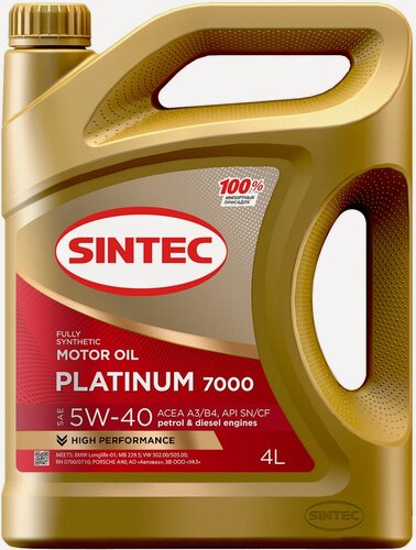 Изображение товара Масло моторное синтетическое SINTEC PLATINUM 7000 SAE 5W-40 ACEA A3/B4 канистра 4 литра