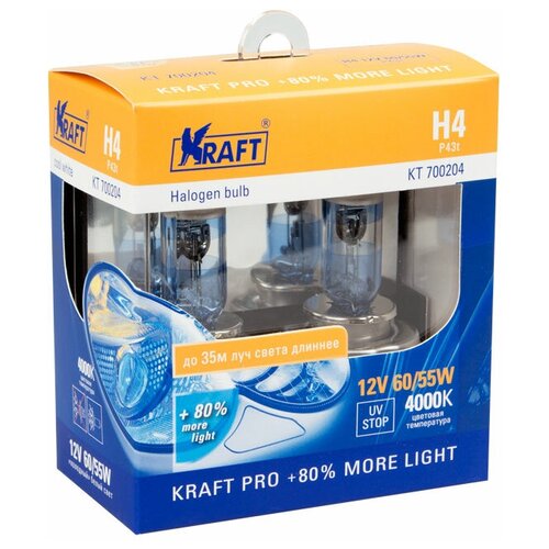 фото Лампа автомобильная галогенная kraft h4 12v60/55w(p43t) pro +80% more light kt 700204 2 шт.