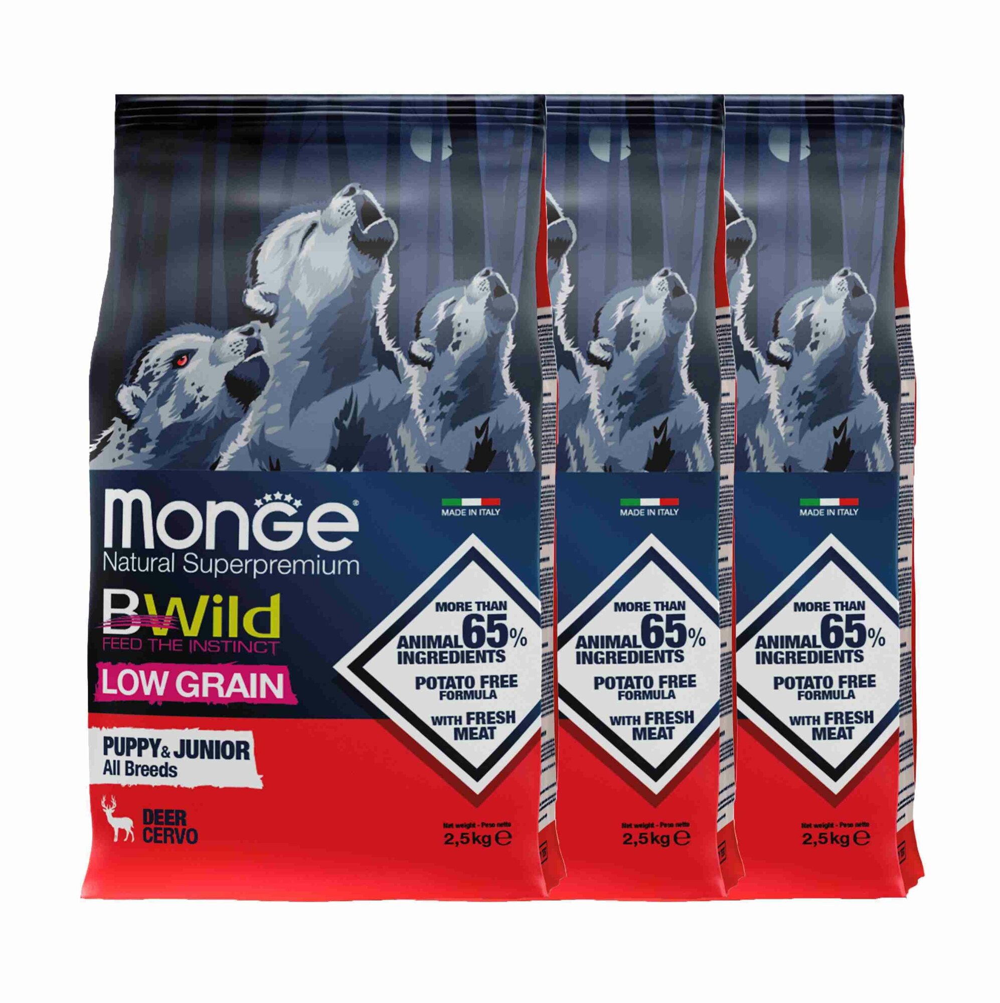 Monge Dog BWild LOW GRAIN Puppy & junior низкозерновой корм из мяса оленя для щенков всех пород 2,5 кг х 3 шт.