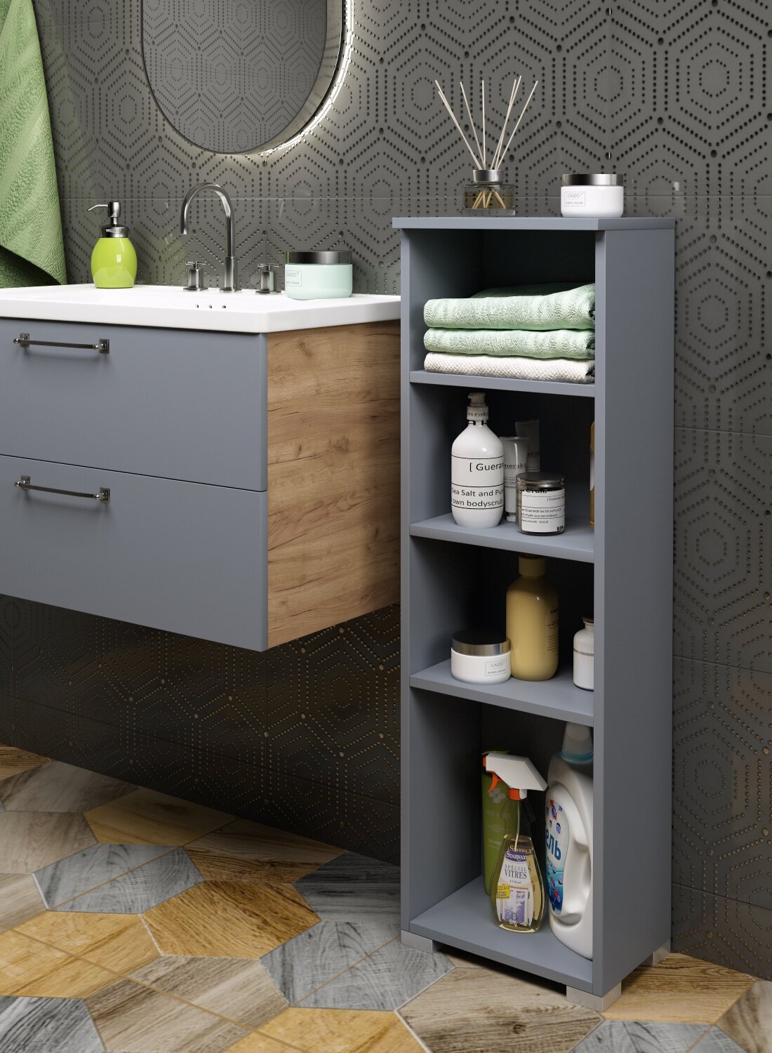 Шкаф открытый для ванной комнаты, REGENT style, ОШТ300 напольный, темно-серый, 95*30*19