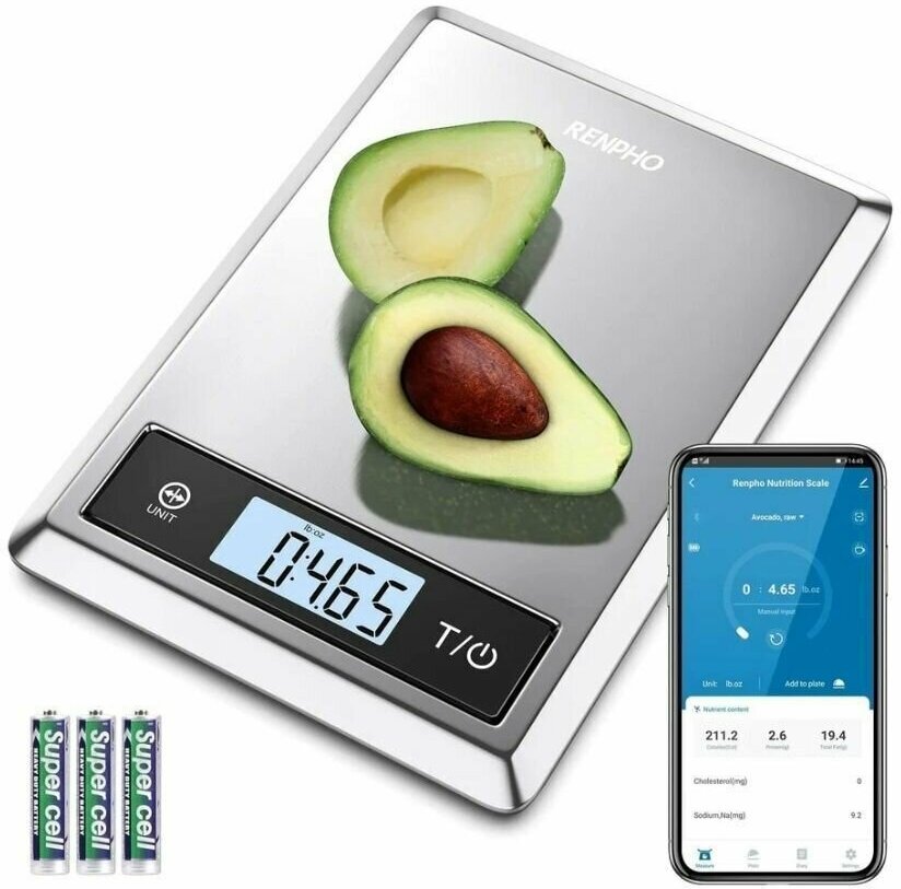 Весы кухонные электронные RENPHO Smart Food Scale 2 ES-SNS01, умные, измерение 23 показателей состава продукта для контроля питания, серебристые - фотография № 12
