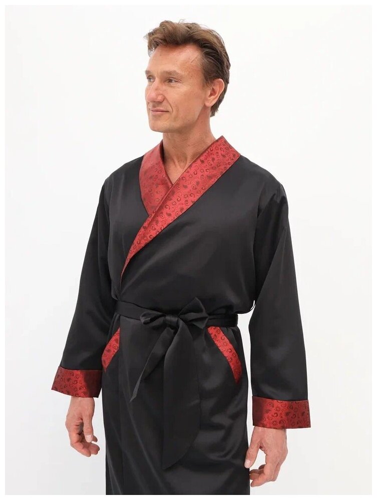 Халат мужской домашний (шёлк), Домашняя одежда, Цвет черный с красным, Размер 54 - фотография № 2