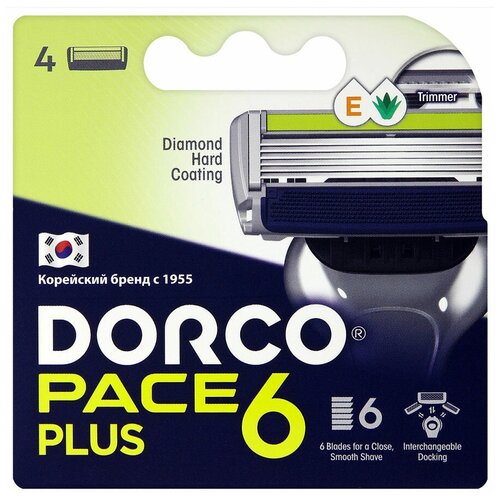 Сменные кассеты для бритья Dorco Pace 6 Plus, 6 лезвий + лезвие-триммер, увлажняющая полоска, 4 шт.