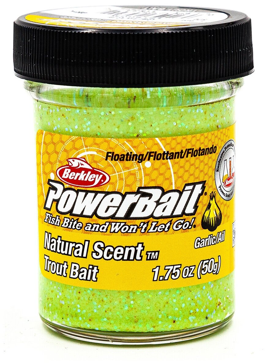 Форелевая паста BERKLEY PowerBait Natural SCENT Glitter 50 гр (Чеснок цв. Жёлто/Зелёный) / Паста Беркли / Рыбалка на форель / Всесезонная