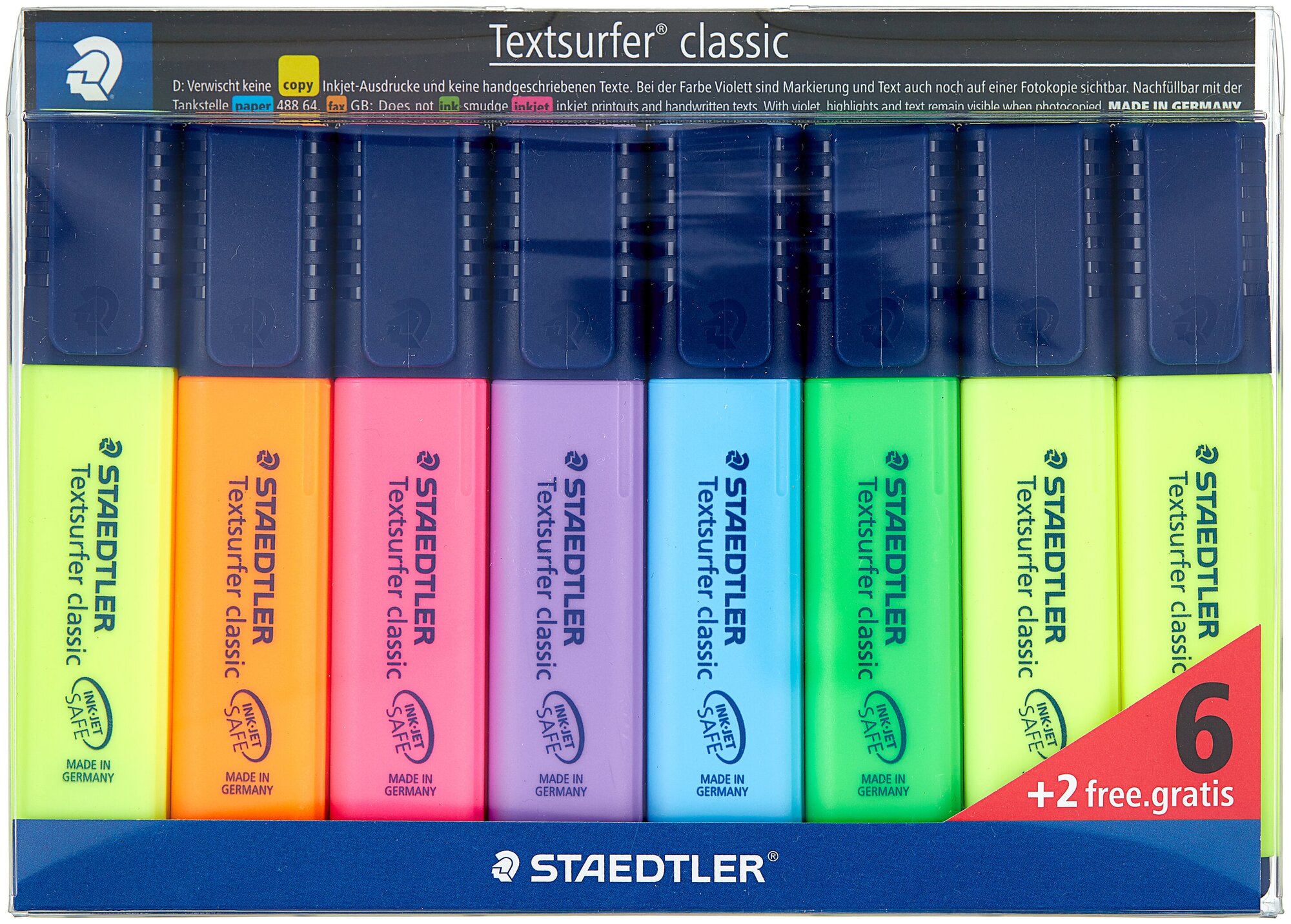 Набор текстовыделителей STAEDTLER 6 шт., 4 ассорти + 2 желтых, "Textsurfer Classic", линия 1-5 мм, 364AWP8, 364 A WP8