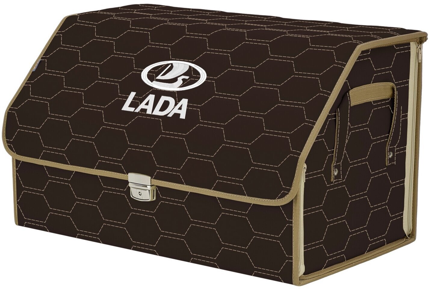Органайзер-саквояж в багажник "Союз Премиум" (размер XL). Цвет: коричневый с бежевой прострочкой Соты и вышивкой LADA (лада).