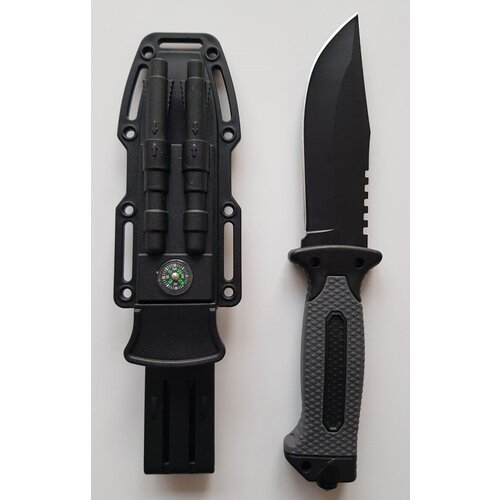 Нож туристический мод. 4058, серый / ножны, компас, огниво, свисток, точилка, стеклобой