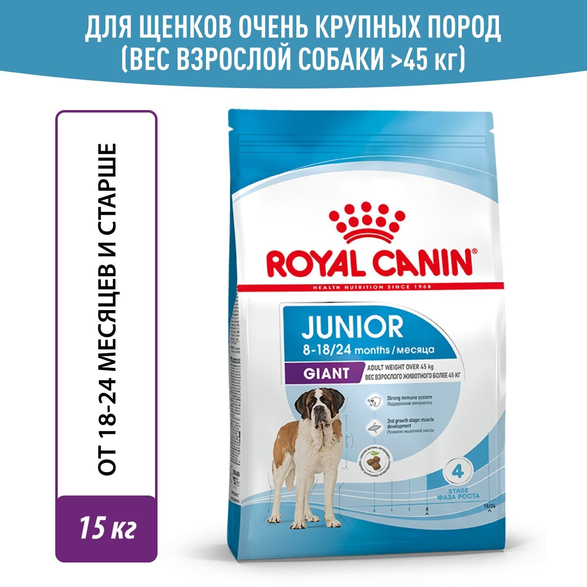 Royal Canin Junior Giant для щенков (в возрасте от 8 до 18/24 месяцев) 15 кг