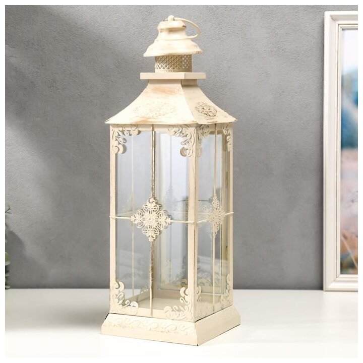 Подсвечник металл, стекло на 1 свечу фонарик"Ажурный ромб" белый с патиной 52,5х17,5х17,5см 54492 . - фотография № 1