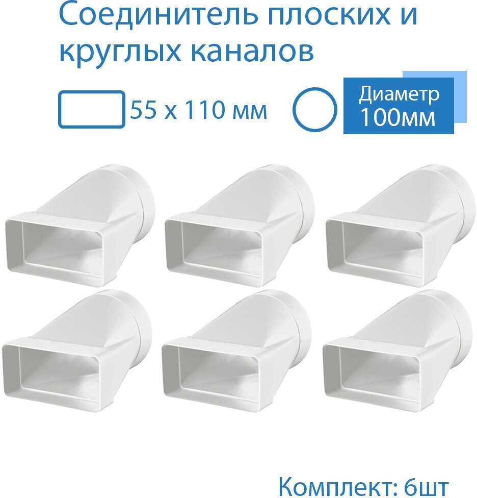 Соединитель плоских круглых каналов 55 х 110 мм / d 100 мм эсцентриковый для пластиковых воздуховодов 6 шт 511-6 белый воздуховод ПВХ