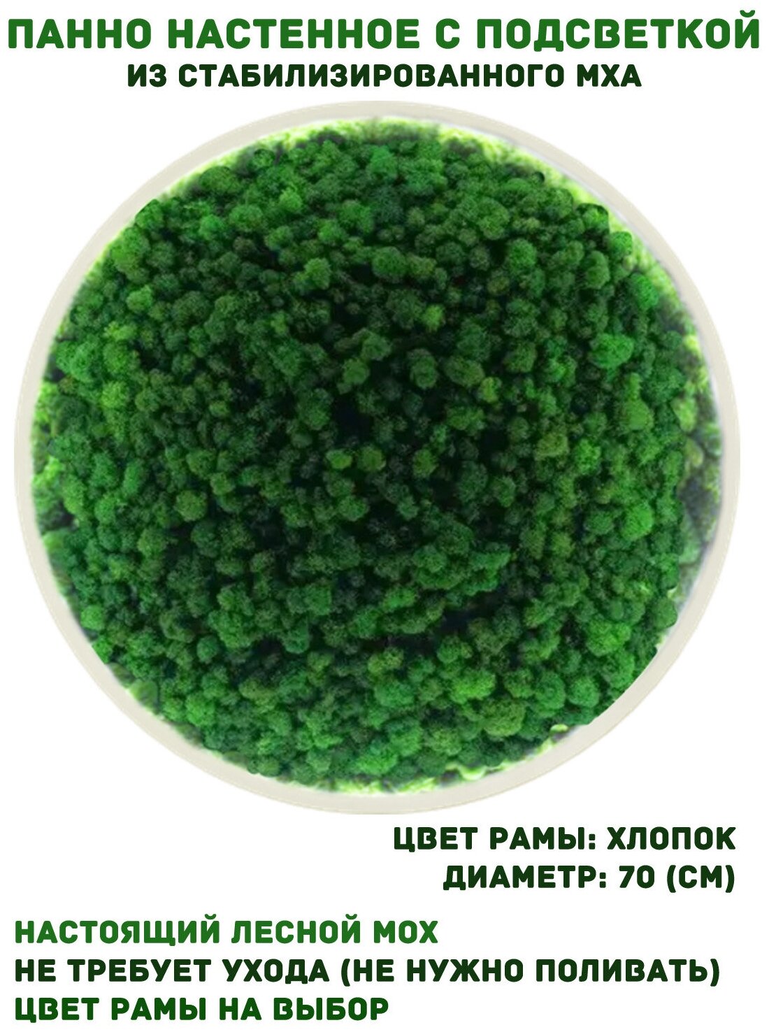 Круглое панно из стабилизированно мха GardenGo с подсветкой в рамке цвета хлопок, диаметр 70 см, цвет мха зеленый