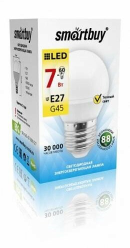 Светодиодная LED лампа шар Smartbuy G45 E27(е27) 7W (Вт) матовая 3000K 550lm 45x80 220V SBL-G45-07-30K-E27