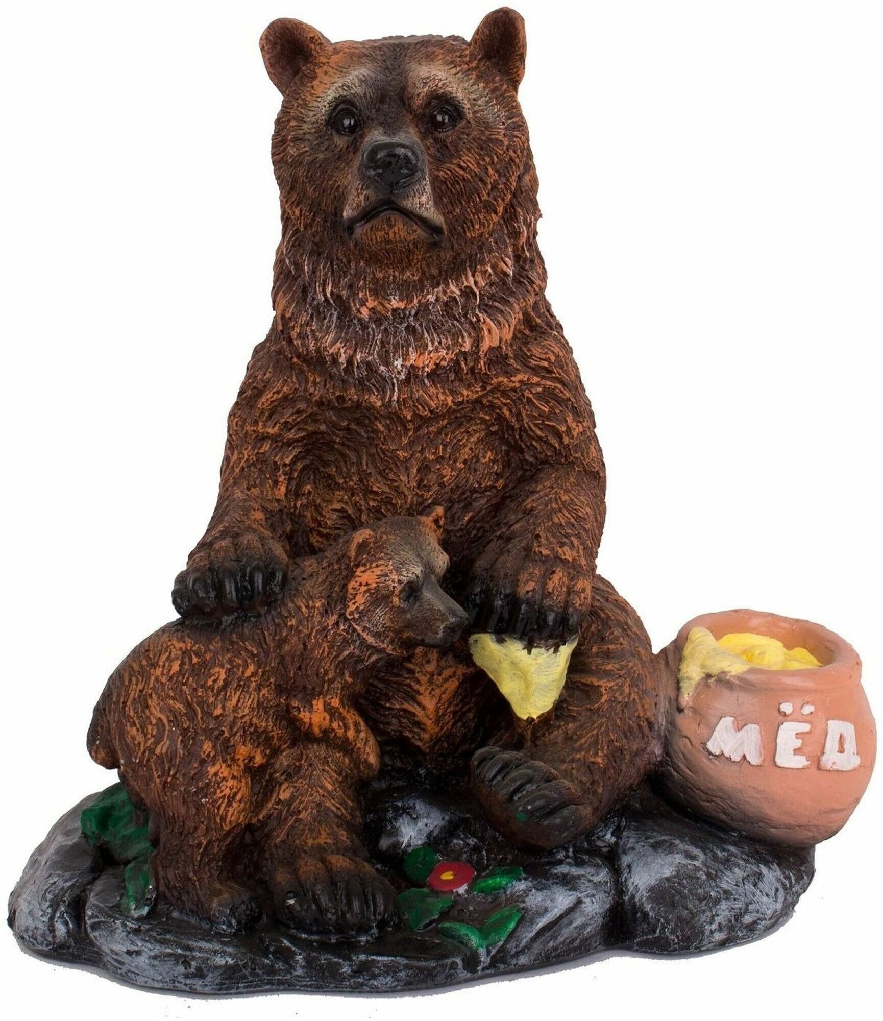 Садовая фигура Медведь с медвежонком у бочки меда 30 см