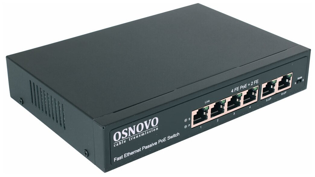 PoE коммутатор OSNOVO SW-20600(80W) 6 портов, 4 PoE порта 10/100 Base-T, 2*10/100 Base-T Uplink, до 30W на порт, суммарно до 80W