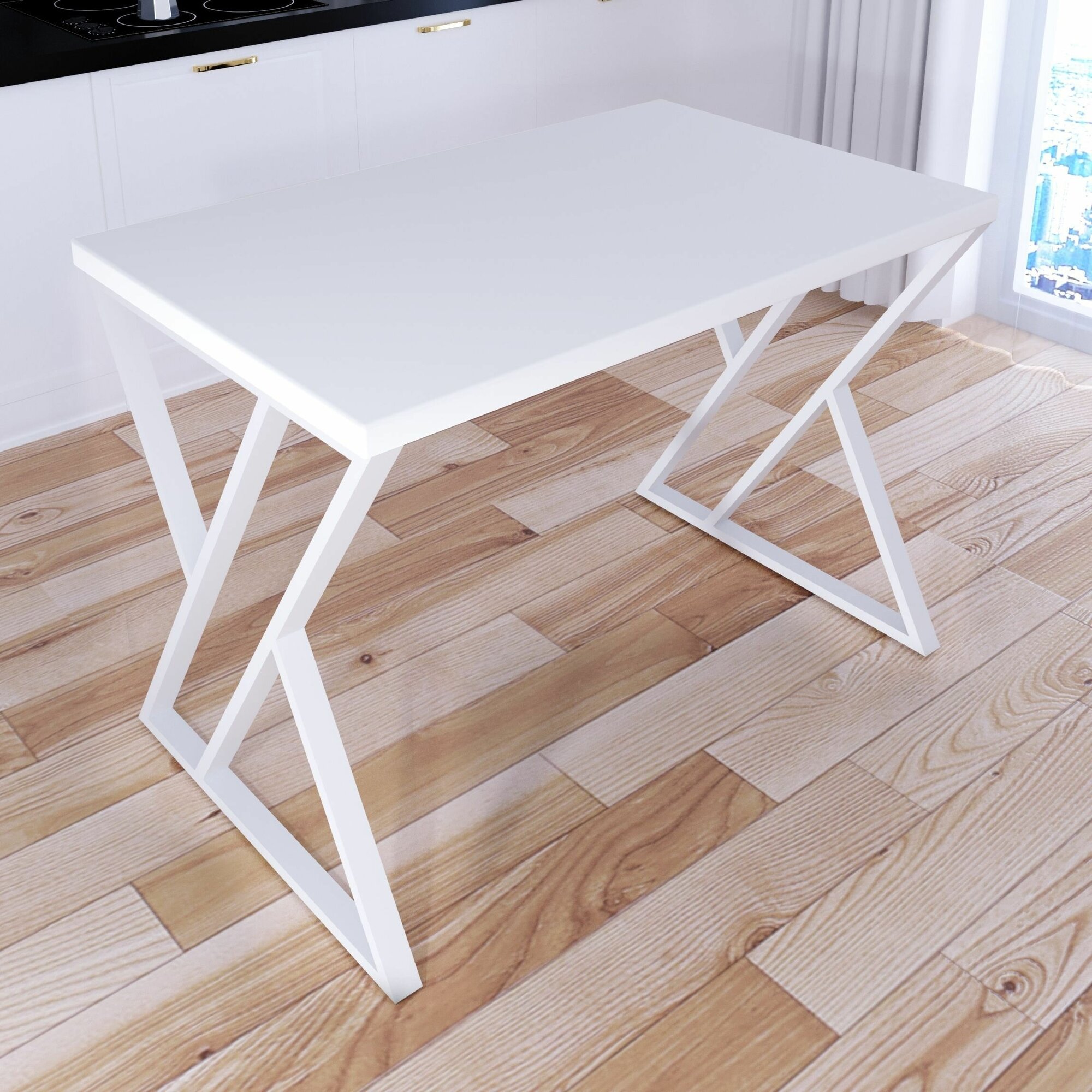 Стол кухонный Loft со столешницей белого цвета из массива сосны 40 мм и белыми металлическими Z-образными ножками, 120х70х75 см - фотография № 2