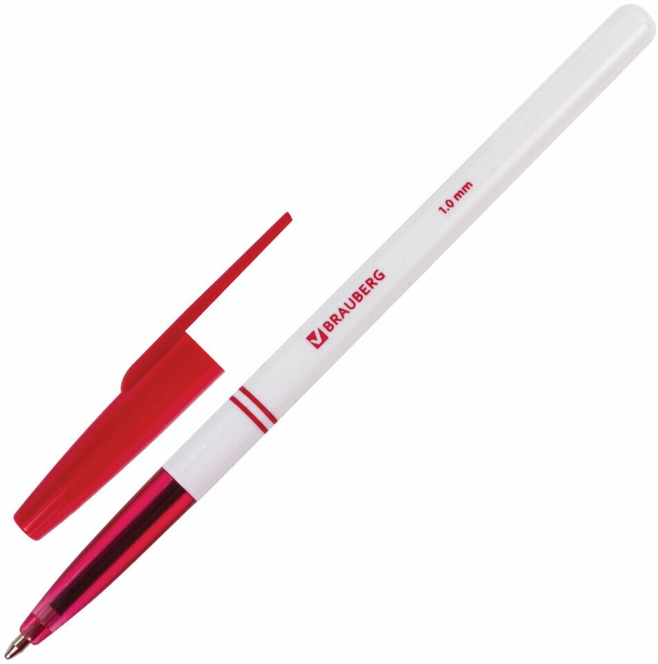 Ручка шариковая BRAUBERG "Офисная", красная, корпус белый, узел 1 мм, линия письма 0,5 мм, 140892, 48 штук, 140892