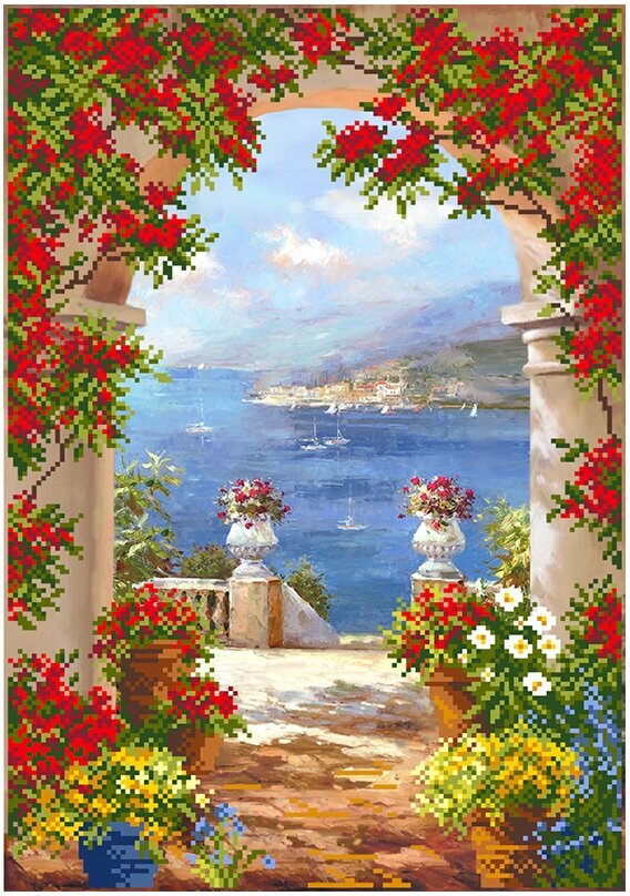 Канва/ткань с рисунком Матренин посад Рисунок на шелке 37 см х 49 см Цветы средиземноморья 4156